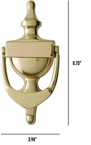 Brass door knocker with measurements of 6.75 inches by 3.94 inches.