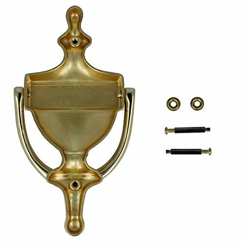 Brass door knocker with installation hardware.