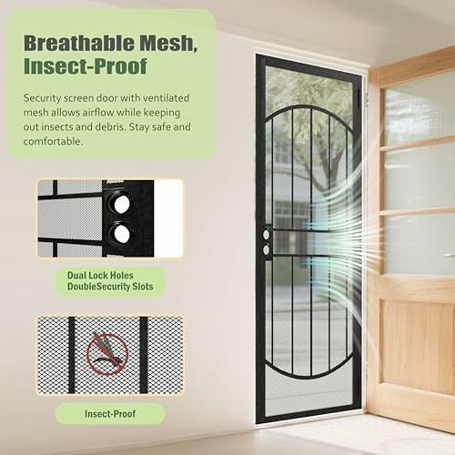 Breathable mesh insect-proof screen door with security features.