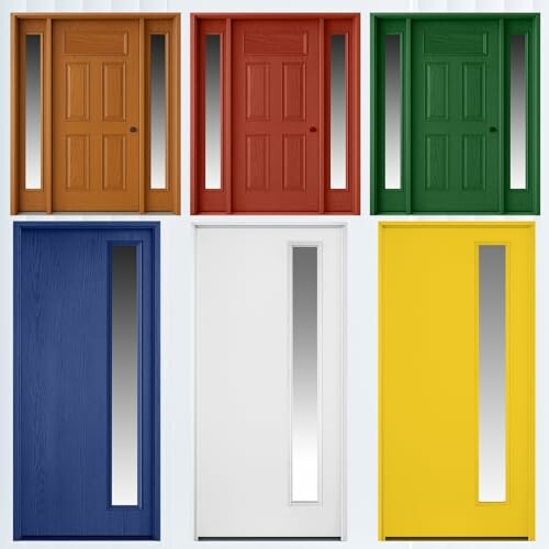 Six colorful front doors with side windows.