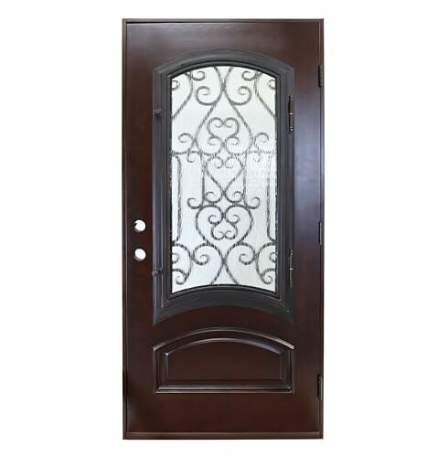 Dark wooden front door with ornate glass panel design.