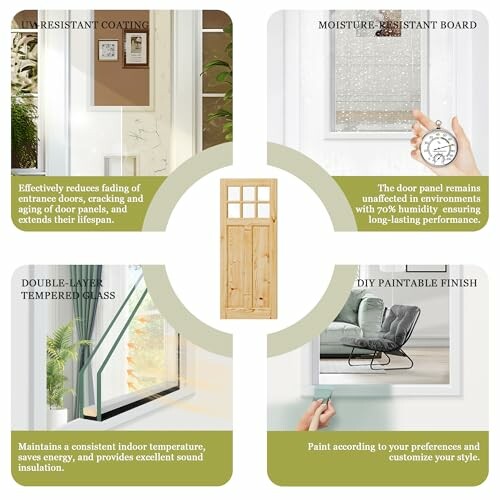 Image highlighting door features: UV resistant coating, moisture-resistant board, double-layer tempered glass, and DIY paintable finish.