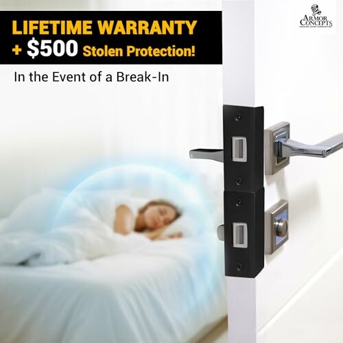 Door lock protection with sleeping woman in background.