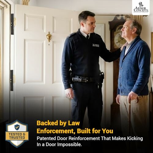 Police officer talking to elderly man near door.