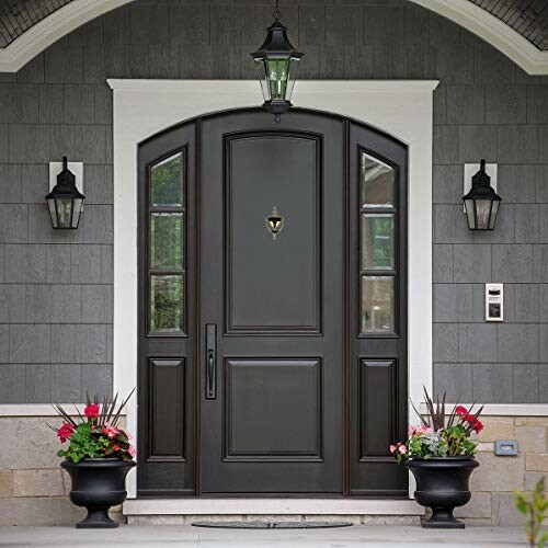 Elegant black front door with side windows and planters.