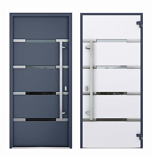 Two modern exterior doors, one dark blue and one white, with metal accents