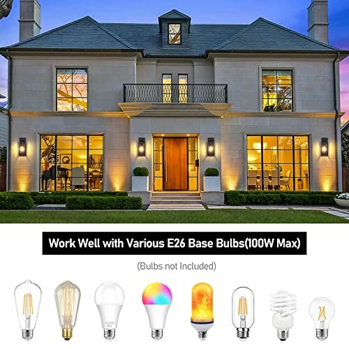 Modern house exterior with various E26 base bulb options displayed.