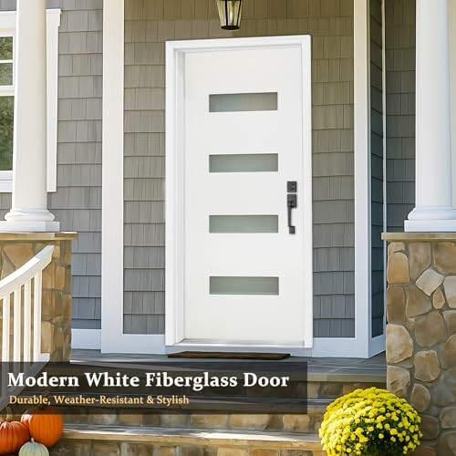 Modern white fiberglass door with four horizontal windows, flanked by stone pillars and steps.