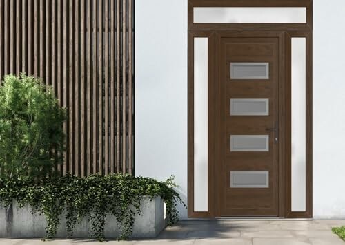 Modern wooden door with glass panels and surrounding plants.