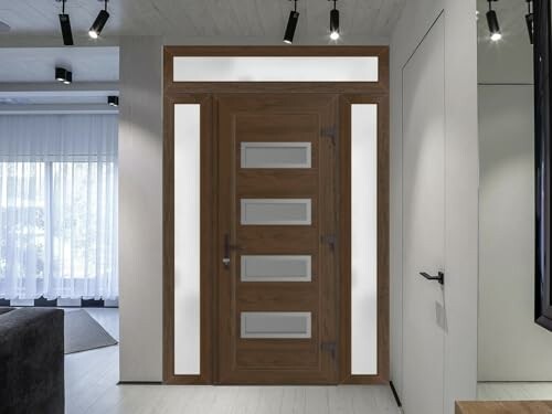 Modern wooden front door with frosted glass panels in a hallway