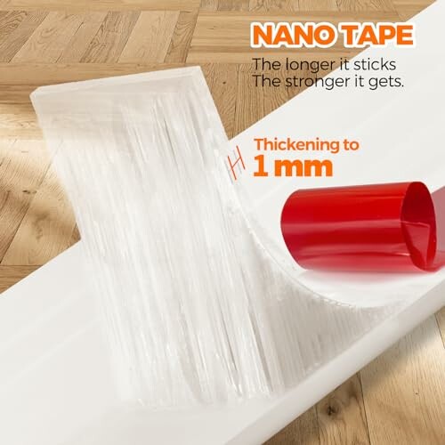 Clear nano tape with 1mm thickness on wooden surface.