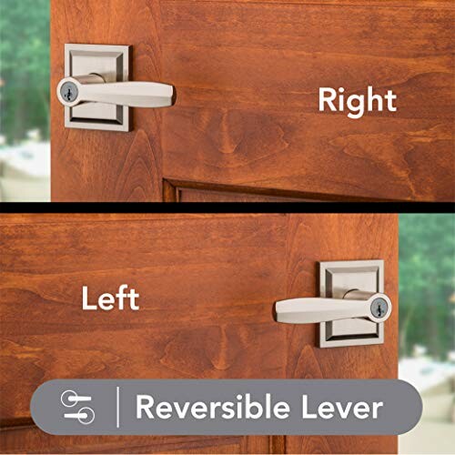 Door with reversible lever handle, shown in right and left orientations.