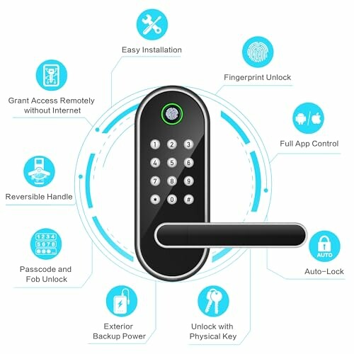 Smart door lock with keypad and features like fingerprint unlock, app control, auto-lock, and more.