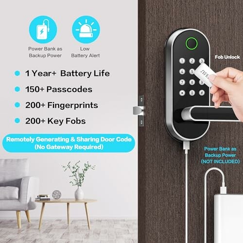 Smart lock system with fob unlock, passcodes, and fingerprint options.