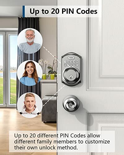 Smart lock on door with options for up to 20 PIN codes, featuring images of diverse users.