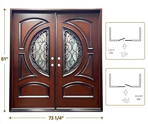 Double wooden door with decorative glass and ironwork, dimensions shown.